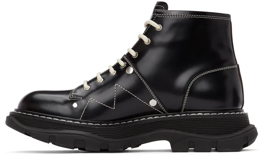 Alexander McQueen Black Contrast Stitch Tread Lace-Up Boots