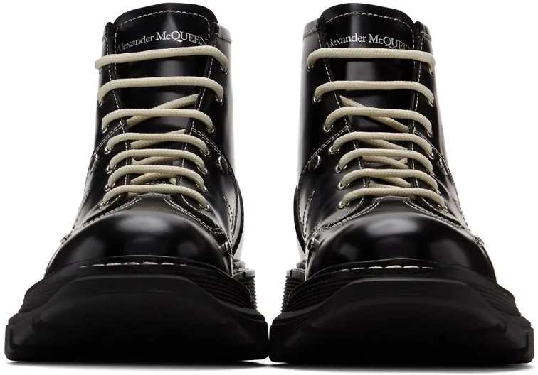 Alexander McQueen Black Contrast Stitch Tread Lace-Up Boots