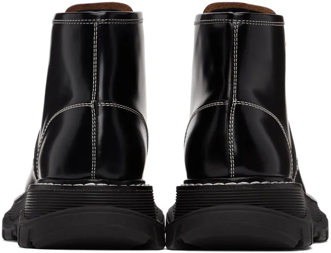 Alexander McQueen Black Contrast Stitch Tread Lace-Up Boots