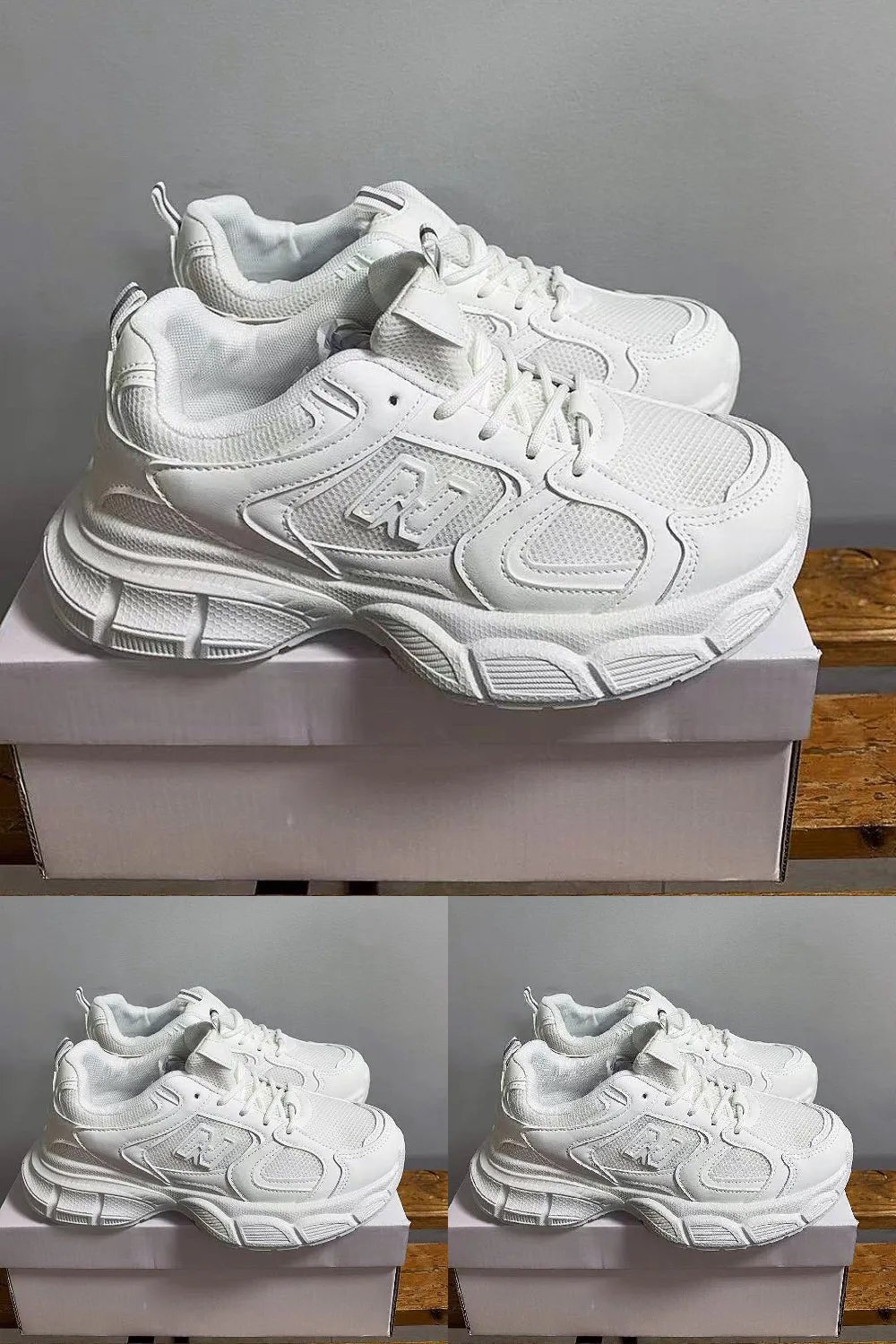 ALL WHITE LACE UP FASHION STYLISH CHUNKY FLAT TRAINERS