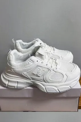 ALL WHITE LACE UP FASHION STYLISH CHUNKY FLAT TRAINERS