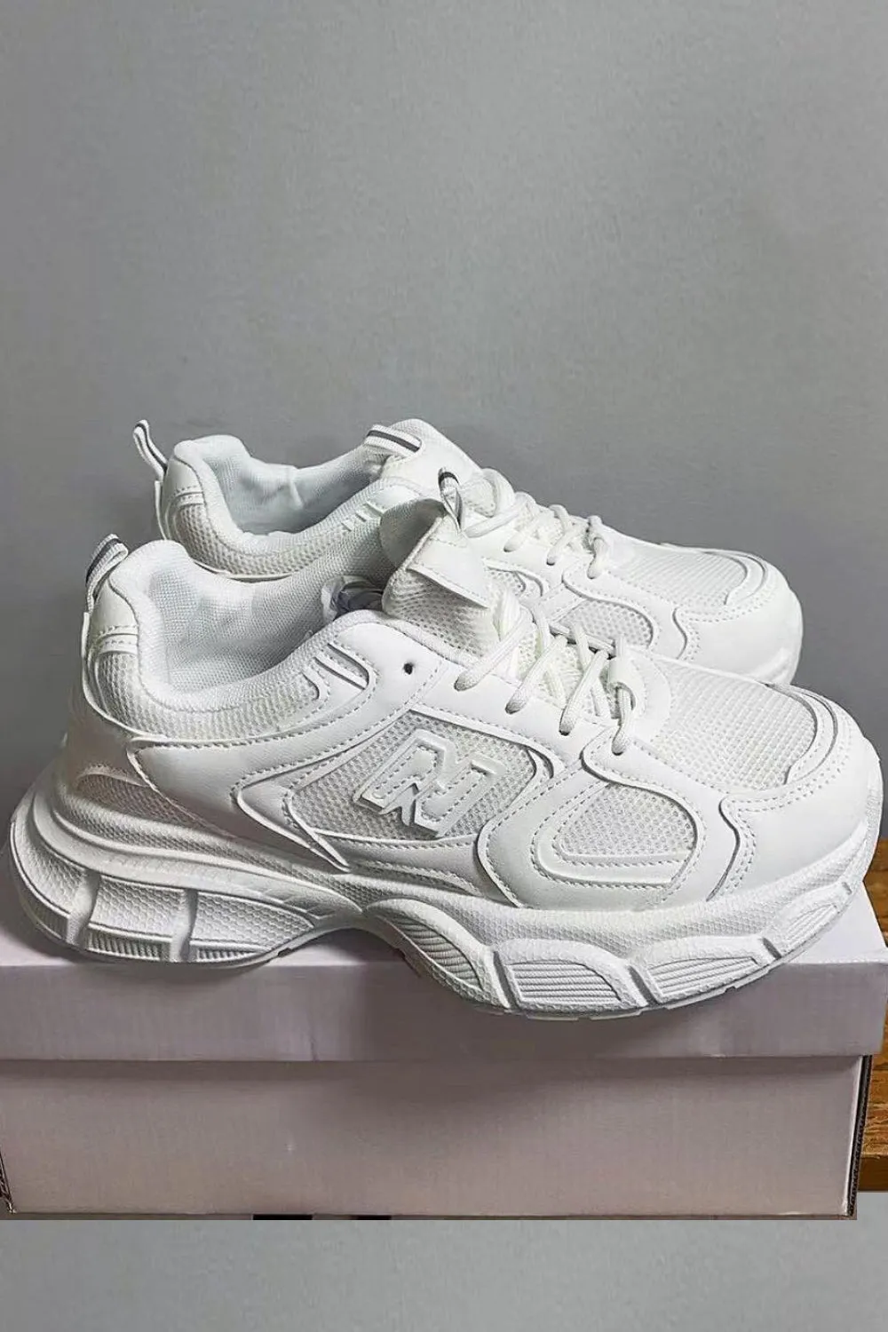 ALL WHITE LACE UP FASHION STYLISH CHUNKY FLAT TRAINERS