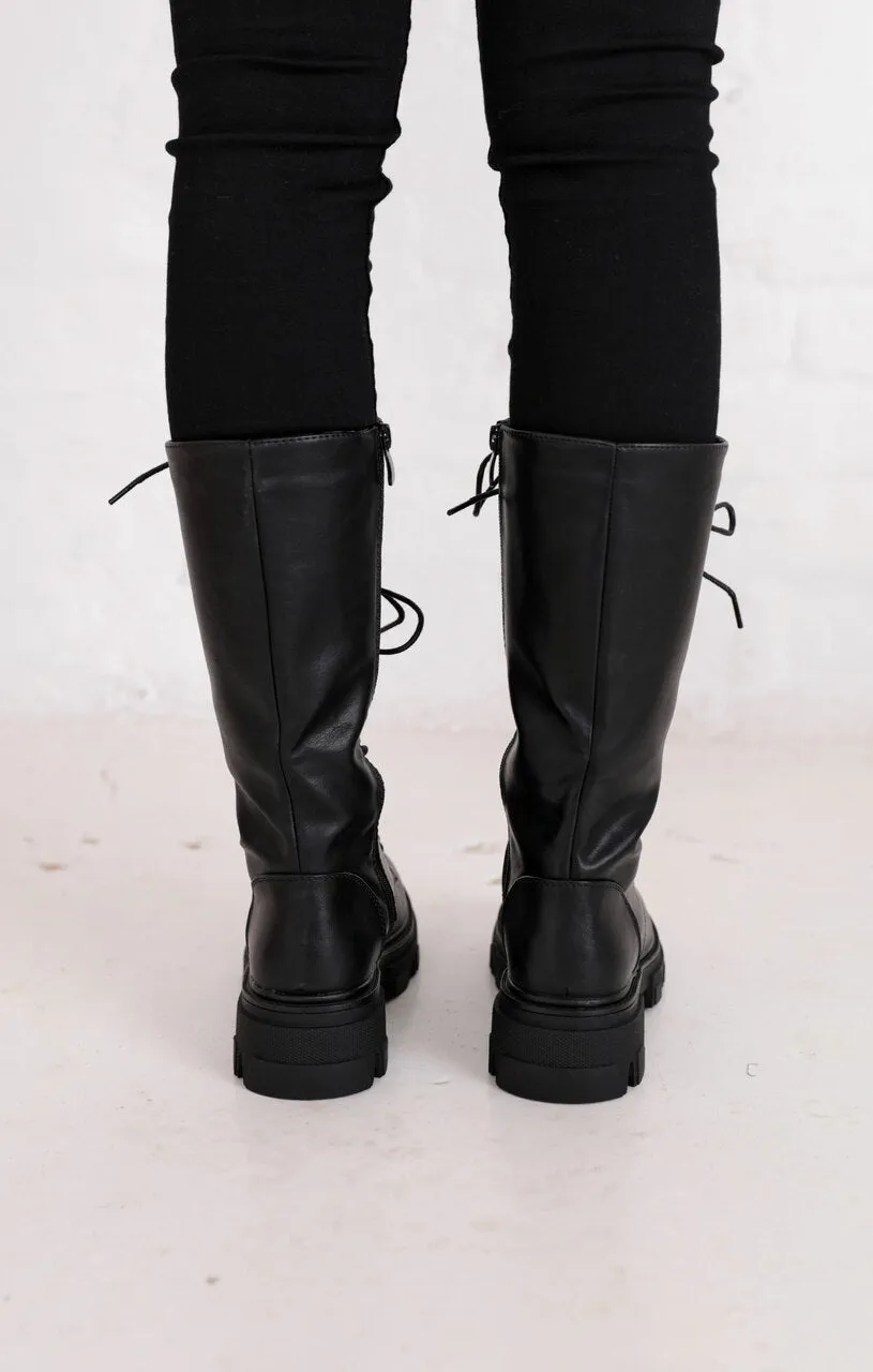 Black PU Faux Leather Mid Calf Lace Up Chunky Biker Boots - Madisyn