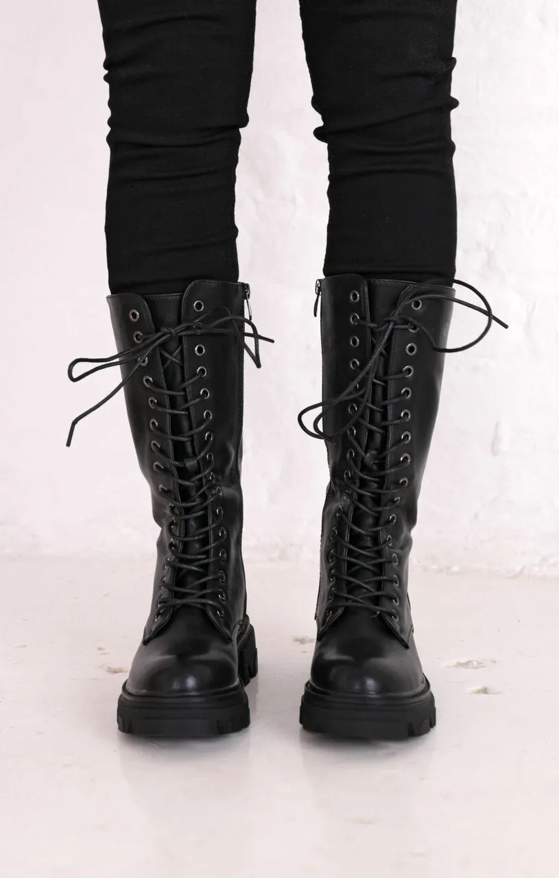 Black PU Faux Leather Mid Calf Lace Up Chunky Biker Boots - Madisyn