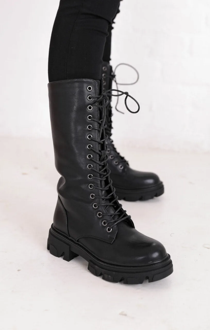 Black PU Faux Leather Mid Calf Lace Up Chunky Biker Boots - Madisyn