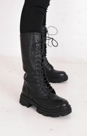 Black PU Faux Leather Mid Calf Lace Up Chunky Biker Boots - Madisyn