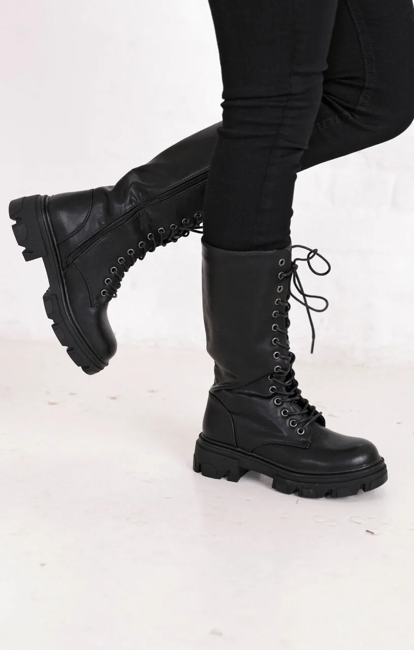 Black PU Faux Leather Mid Calf Lace Up Chunky Biker Boots - Madisyn