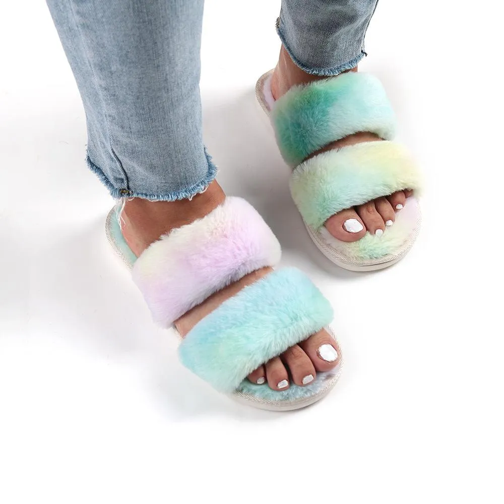 Chicvane Gradient Color Fur Slides Shoes Home Furry Sleepers