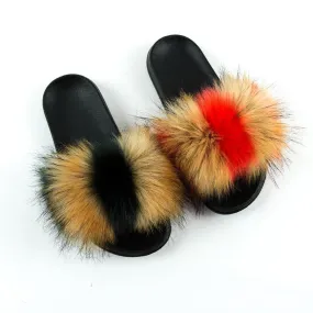 Chicvane Striped Color Block Faux Fur Open Toe Fluffy Flat Sleeper Slides For Girls