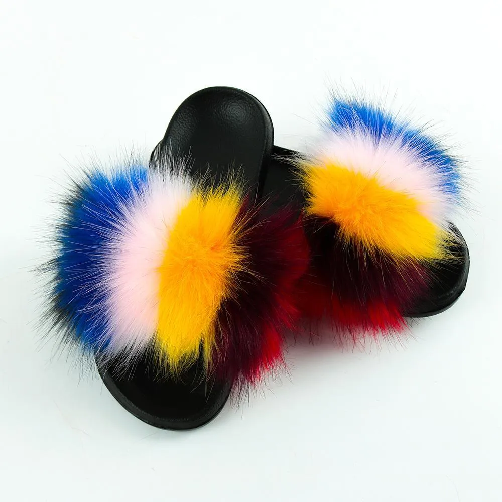 Chicvane Striped Color Block Faux Fur Open Toe Fluffy Flat Sleeper Slides For Girls