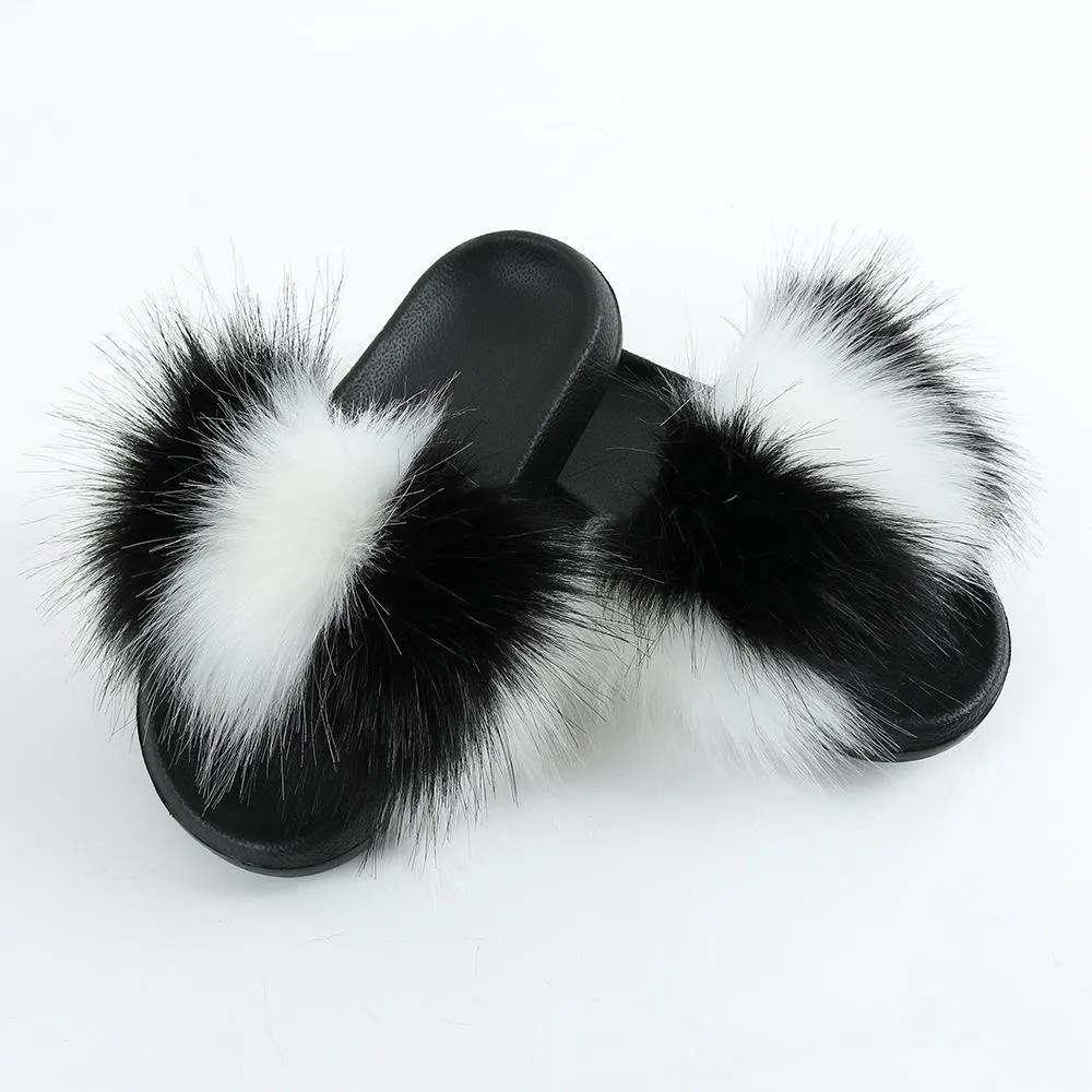 Chicvane Striped Color Block Faux Fur Open Toe Fluffy Flat Sleeper Slides For Girls