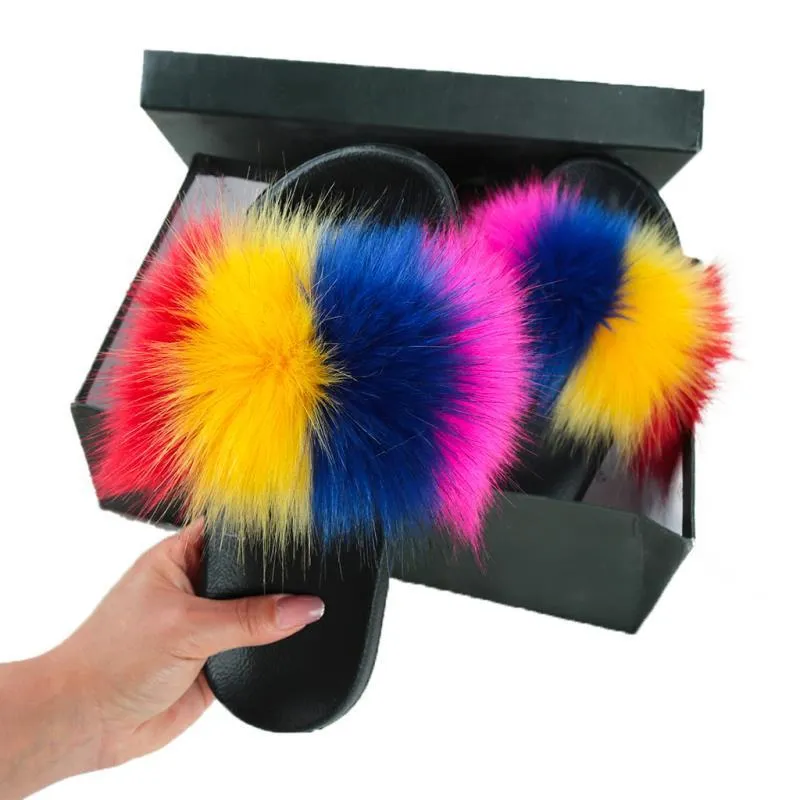 Chicvane Striped Color Block Faux Fur Open Toe Fluffy Flat Sleeper Slides For Girls