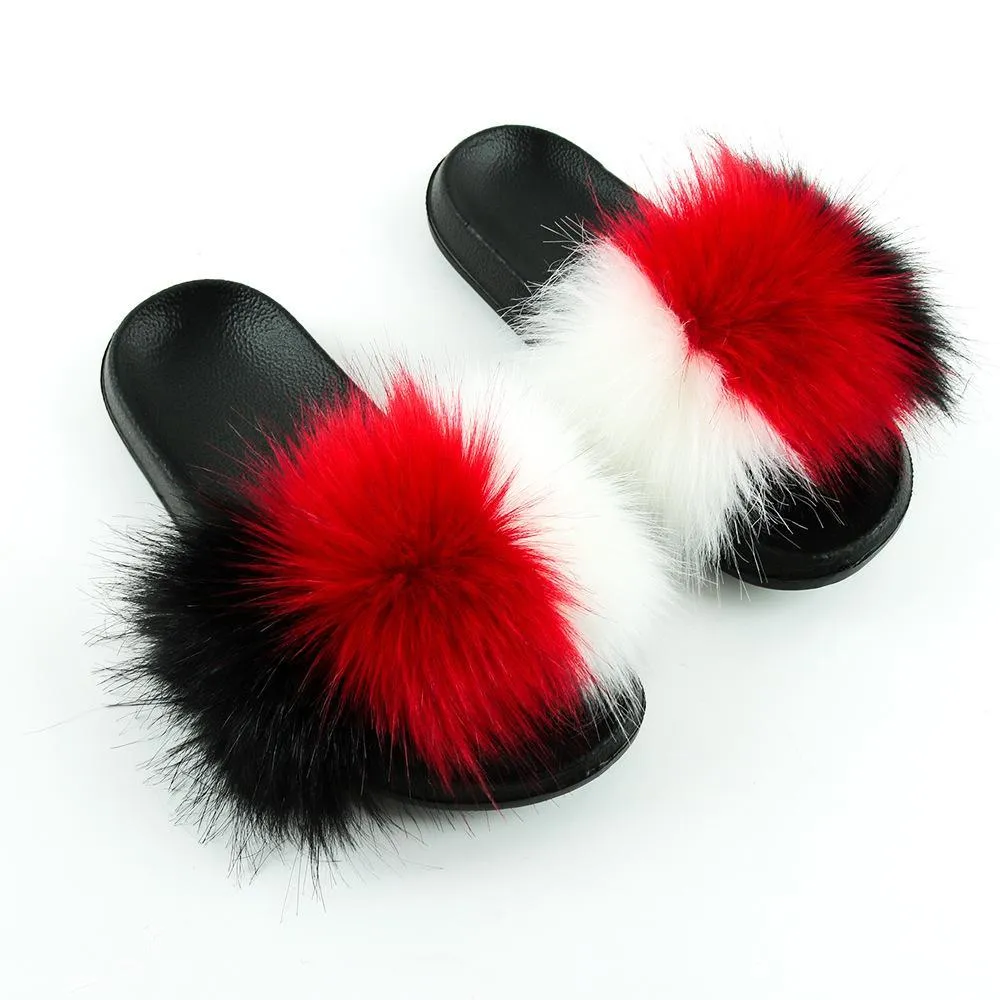 Chicvane Striped Color Block Faux Fur Open Toe Fluffy Flat Sleeper Slides For Girls