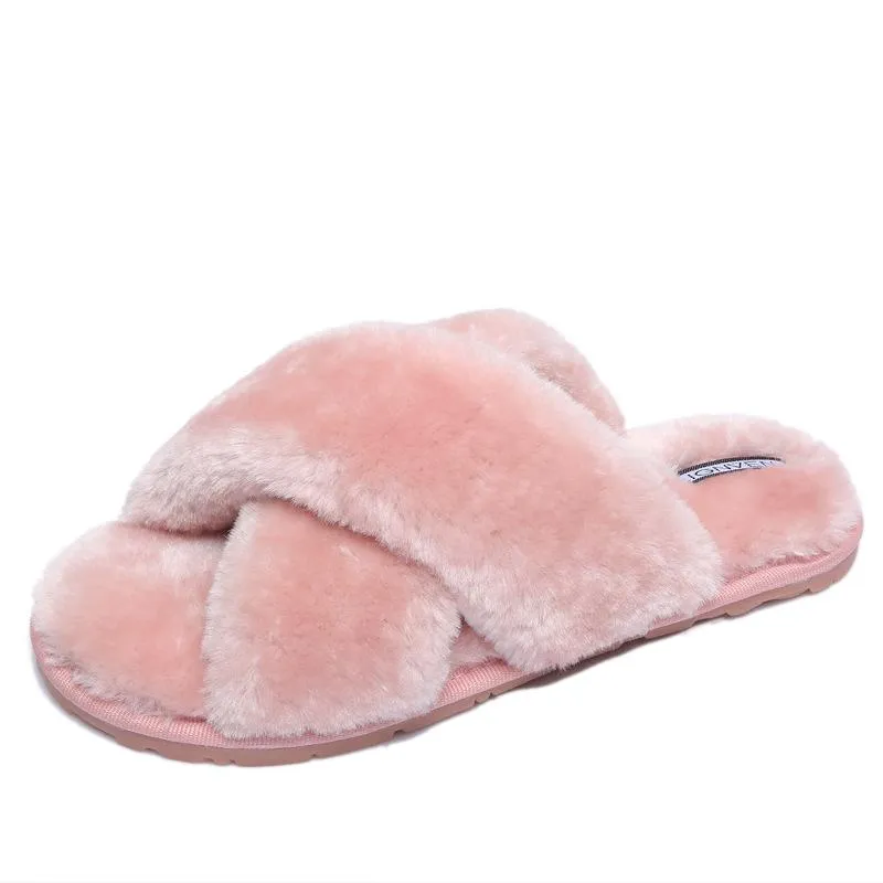 Chicvane Womens Solid Criss Cross Faux Fur Open Toe Fluffy Slide Sleepers