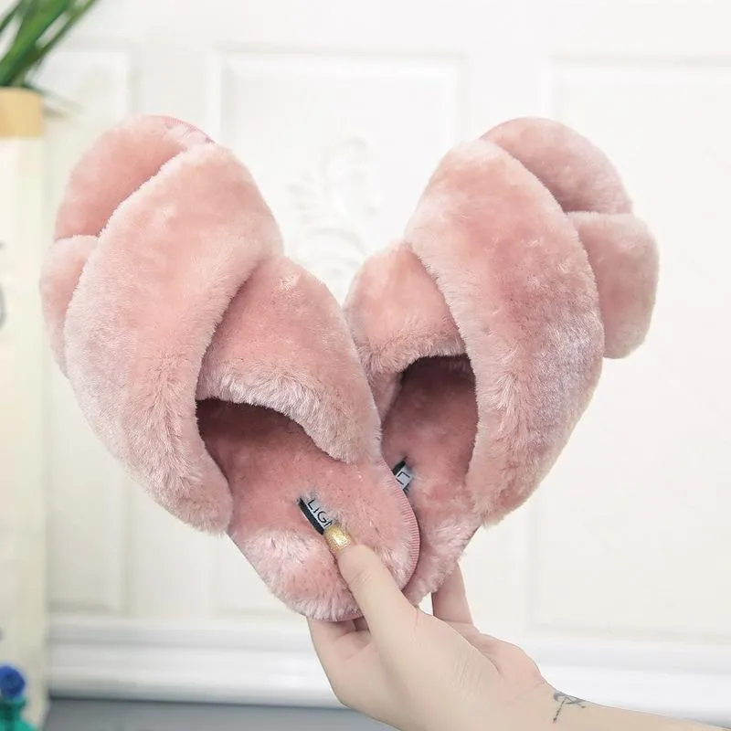 Chicvane Womens Solid Criss Cross Faux Fur Open Toe Fluffy Slide Sleepers