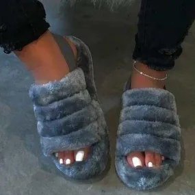 Chicvane Women's Solid Faux Fur Open Toe Fluffy Elastic Strap Slide Sleeper