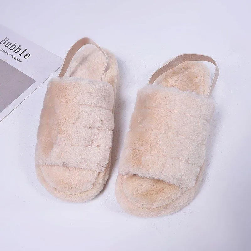 Chicvane Women's Solid Faux Fur Open Toe Fluffy Elastic Strap Slide Sleeper