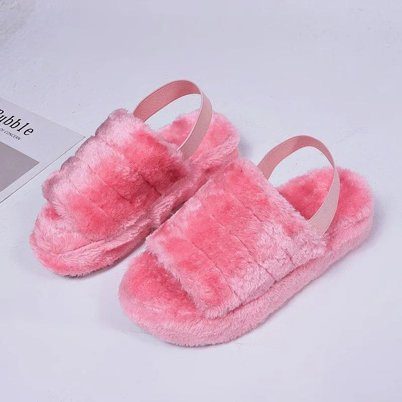 Chicvane Women's Solid Faux Fur Open Toe Fluffy Elastic Strap Slide Sleeper