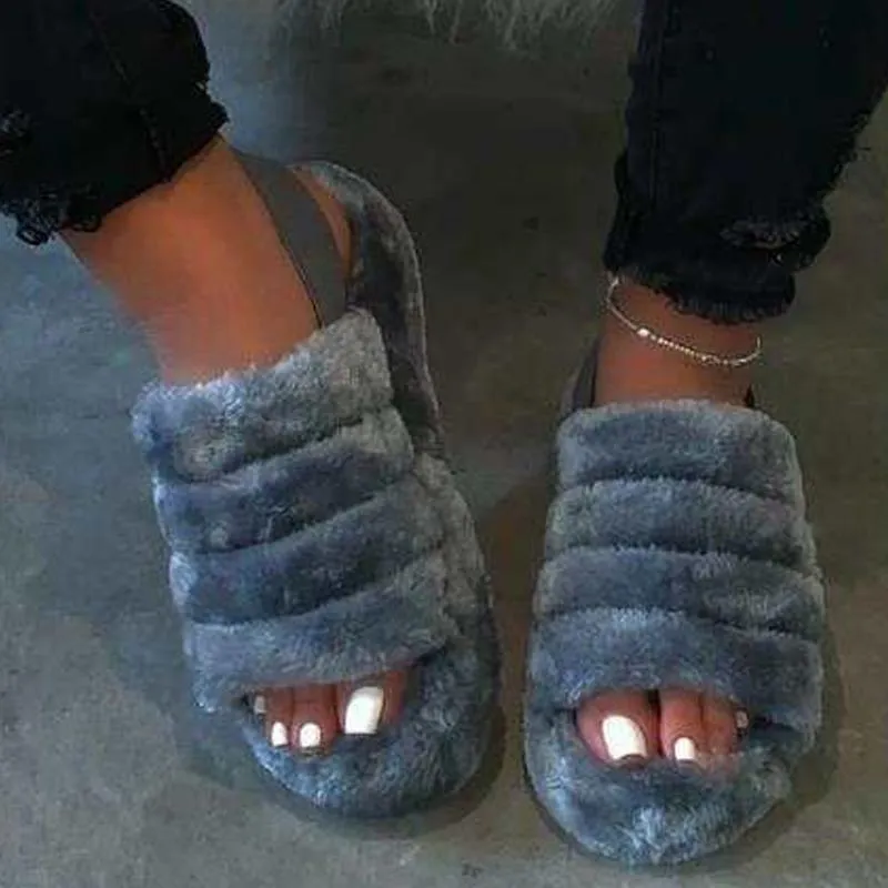 Chicvane Women's Solid Faux Fur Open Toe Fluffy Elastic Strap Slide Sleeper
