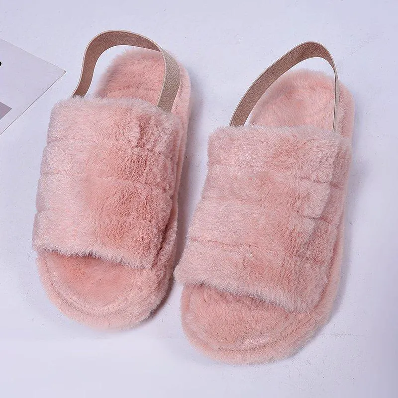 Chicvane Women's Solid Faux Fur Open Toe Fluffy Elastic Strap Slide Sleeper