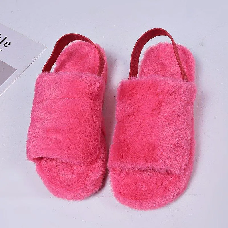 Chicvane Women's Solid Faux Fur Open Toe Fluffy Elastic Strap Slide Sleeper