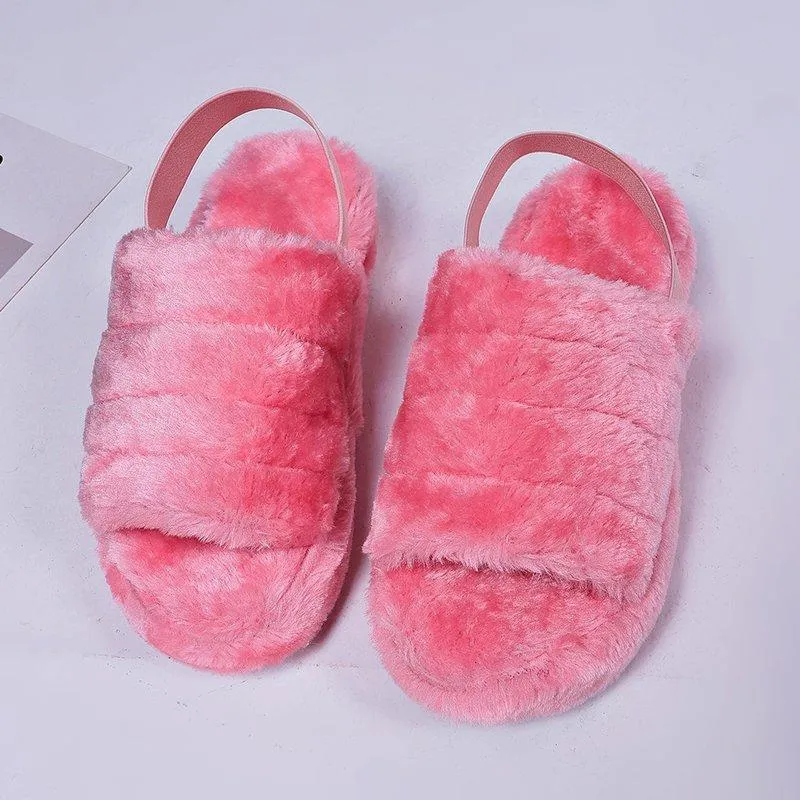 Chicvane Women's Solid Faux Fur Open Toe Fluffy Elastic Strap Slide Sleeper