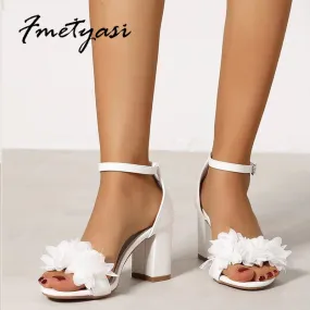 FMETYASI Floral Fluff Patent Leather Ankle Buckle Shoes