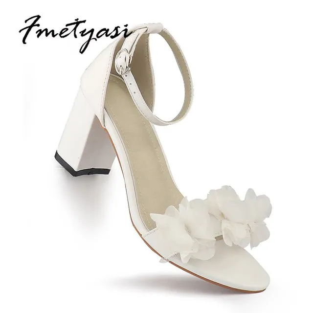 FMETYASI Floral Fluff Patent Leather Ankle Buckle Shoes