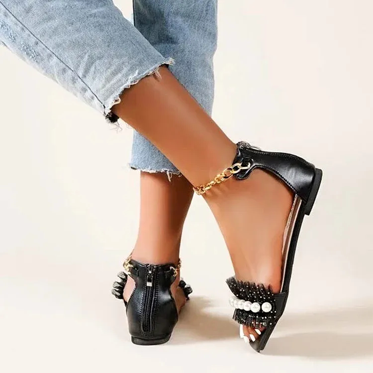 Pearl Strap Flat Sandals