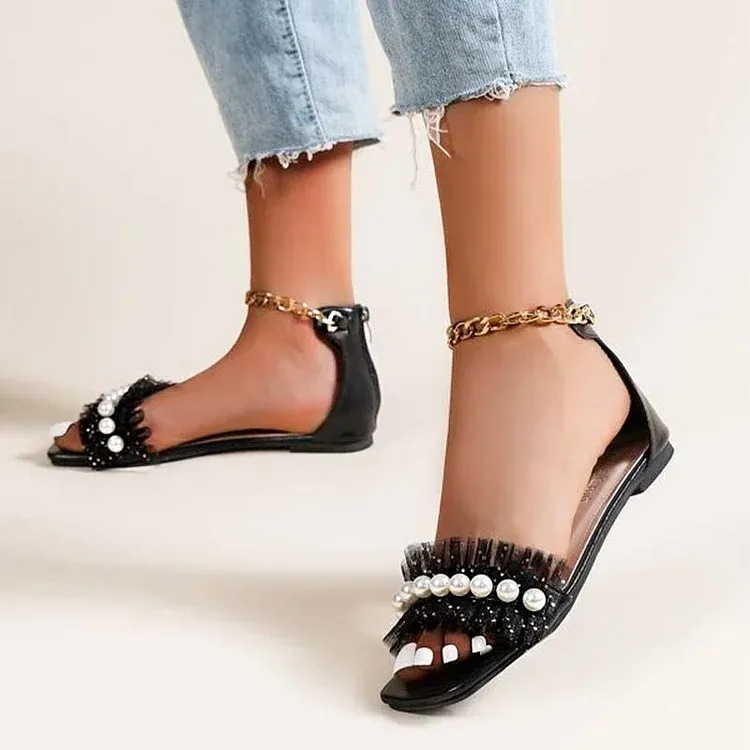 Pearl Strap Flat Sandals