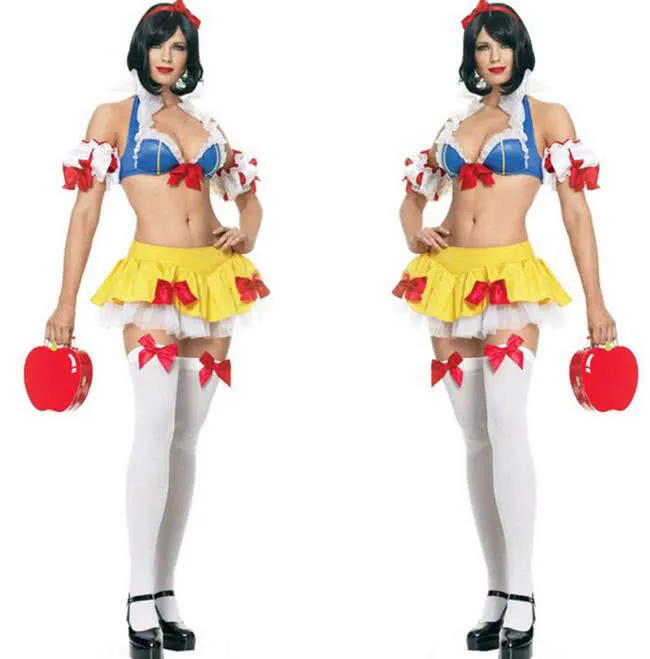 Red Bowknot Sexy Princess Snow White Halloween Costume Blue and Yellow Fancy Dress
