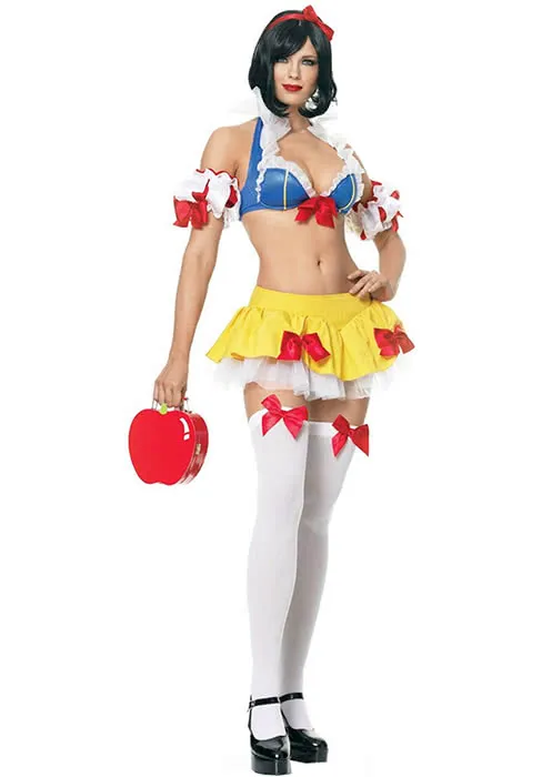 Red Bowknot Sexy Princess Snow White Halloween Costume Blue and Yellow Fancy Dress