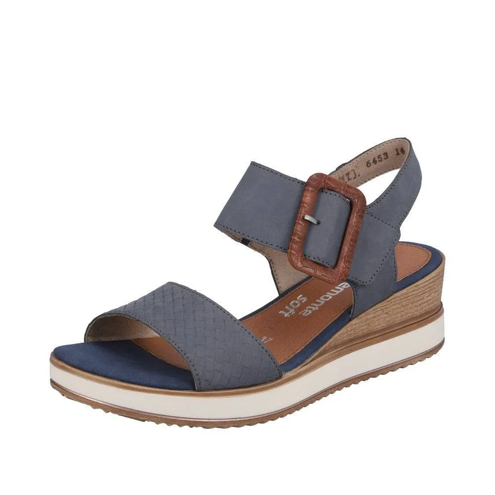 Remonte Blue Jean Suede Leather Criss Cross Strap & Wooden Buckle Open Toe Wedge Sandal