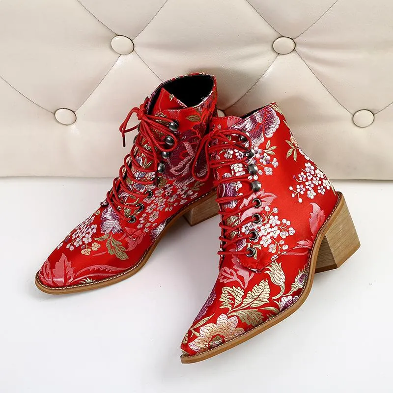 Retro embroidery lace-up ankle boots pointed toe block heel boots fashion ankle boots for women