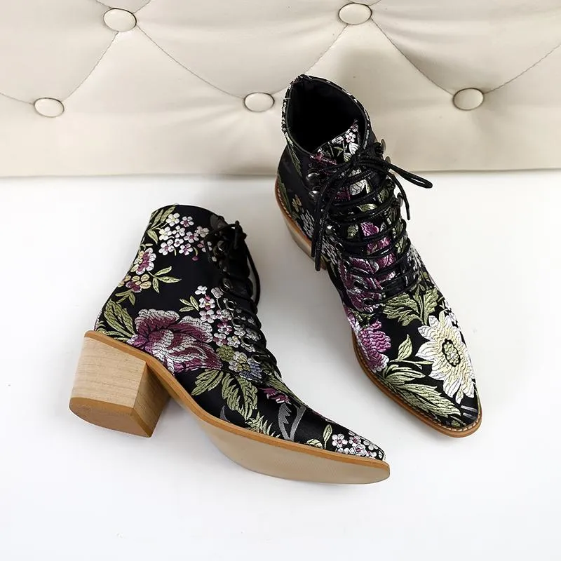 Retro embroidery lace-up ankle boots pointed toe block heel boots fashion ankle boots for women