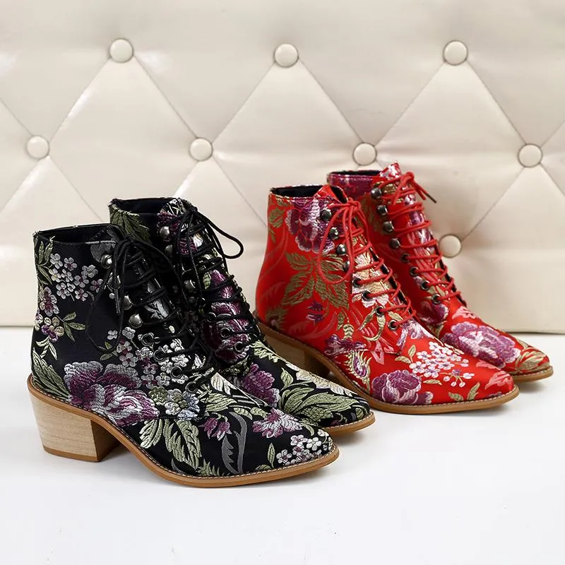 Retro embroidery lace-up ankle boots pointed toe block heel boots fashion ankle boots for women