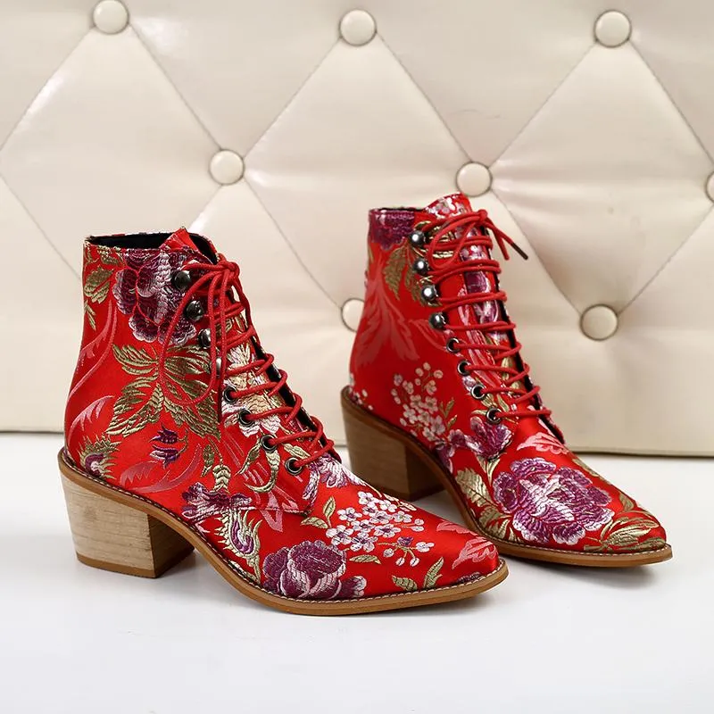 Retro embroidery lace-up ankle boots pointed toe block heel boots fashion ankle boots for women