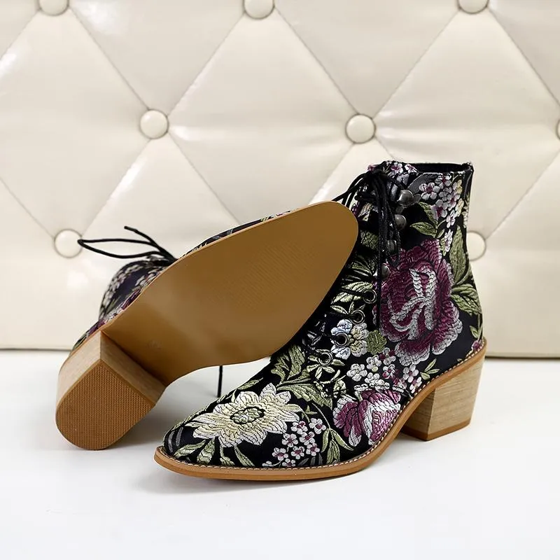 Retro embroidery lace-up ankle boots pointed toe block heel boots fashion ankle boots for women