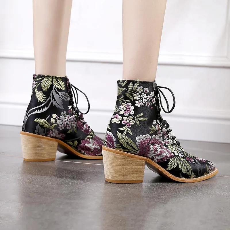 Retro embroidery lace-up ankle boots pointed toe block heel boots fashion ankle boots for women