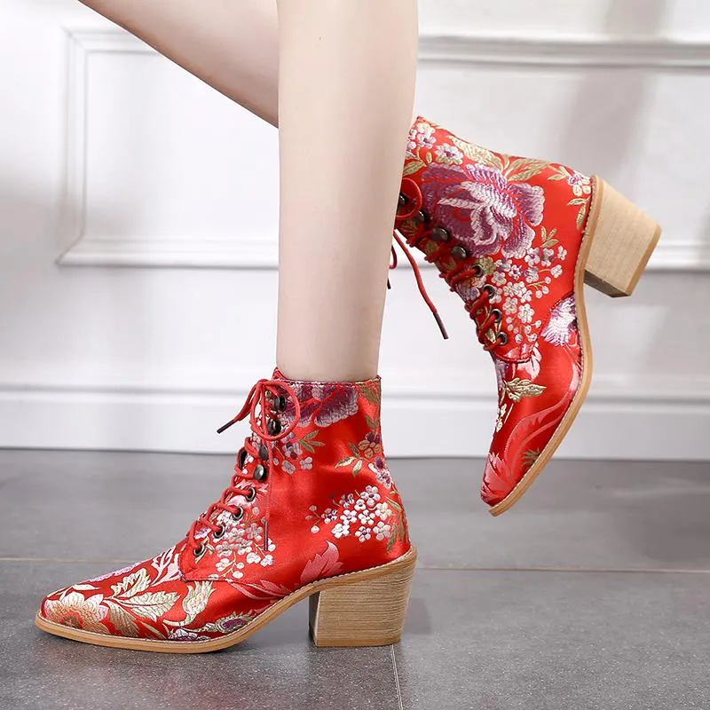 Retro embroidery lace-up ankle boots pointed toe block heel boots fashion ankle boots for women