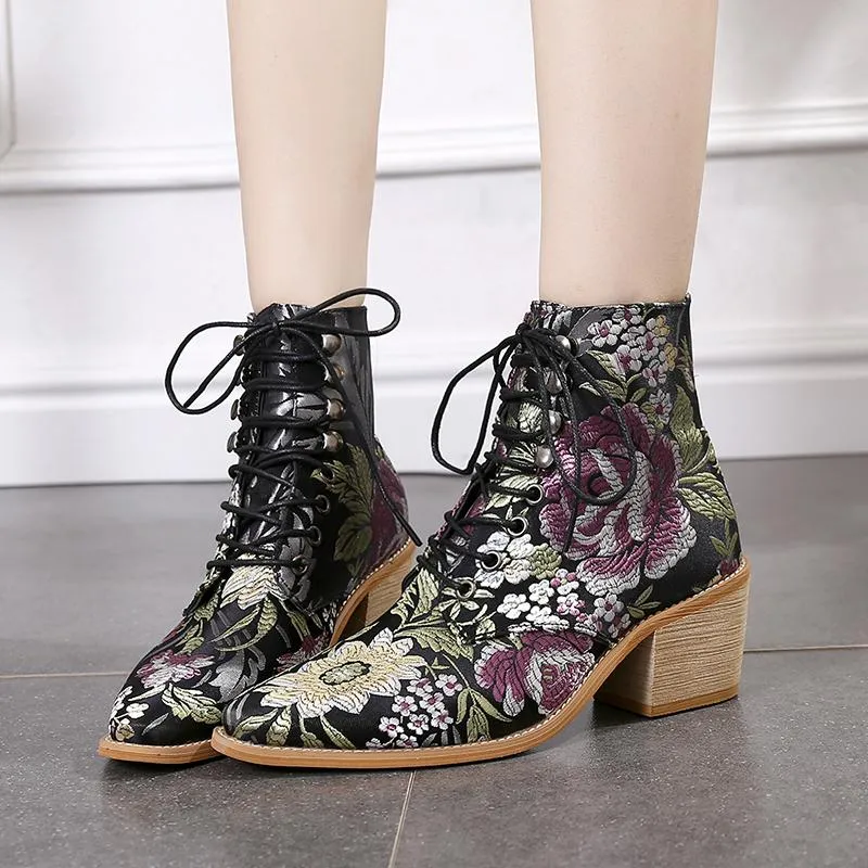 Retro embroidery lace-up ankle boots pointed toe block heel boots fashion ankle boots for women