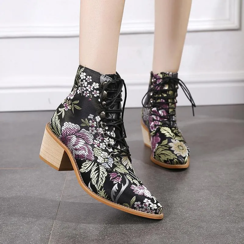 Retro embroidery lace-up ankle boots pointed toe block heel boots fashion ankle boots for women