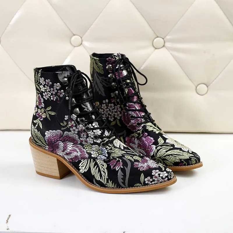 Retro embroidery lace-up ankle boots pointed toe block heel boots fashion ankle boots for women