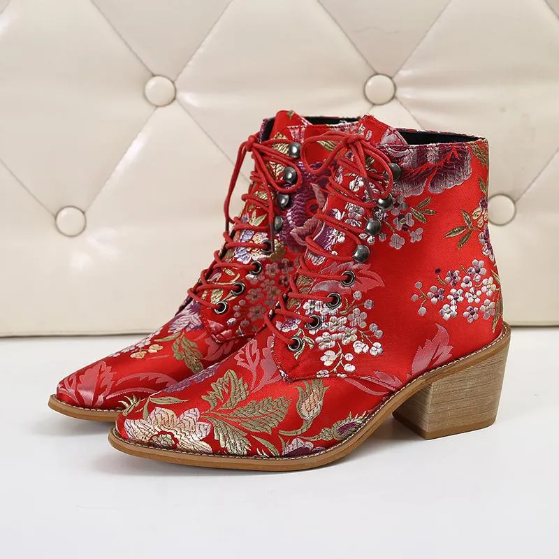 Retro embroidery lace-up ankle boots pointed toe block heel boots fashion ankle boots for women