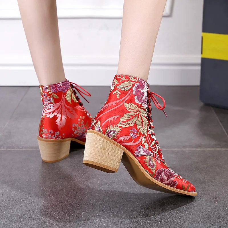 Retro embroidery lace-up ankle boots pointed toe block heel boots fashion ankle boots for women