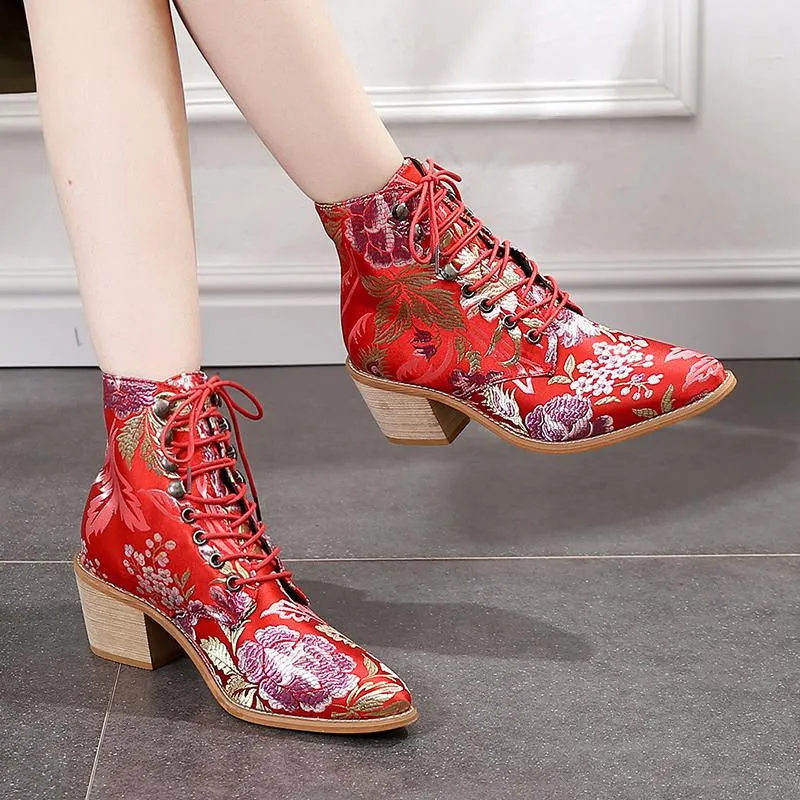 Retro embroidery lace-up ankle boots pointed toe block heel boots fashion ankle boots for women