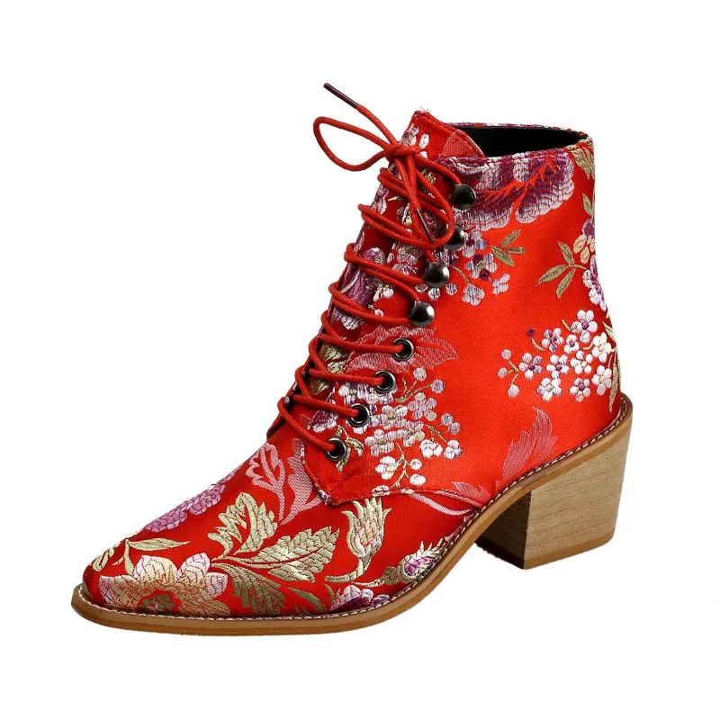 Retro embroidery lace-up ankle boots pointed toe block heel boots fashion ankle boots for women
