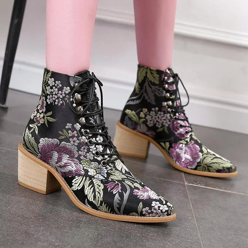 Retro embroidery lace-up ankle boots pointed toe block heel boots fashion ankle boots for women