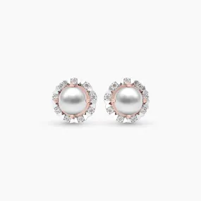 Rose Gold Luster Pearl with Diamonds Ear Studs
