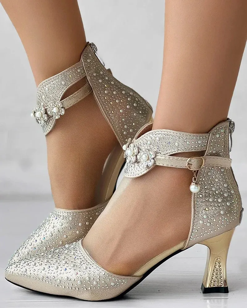 RYAMAG Ankle Buckle Pearl Bedazzled Shoes
